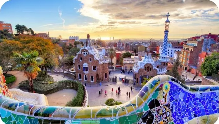View of two buildings in Park Güell, Barcelona.